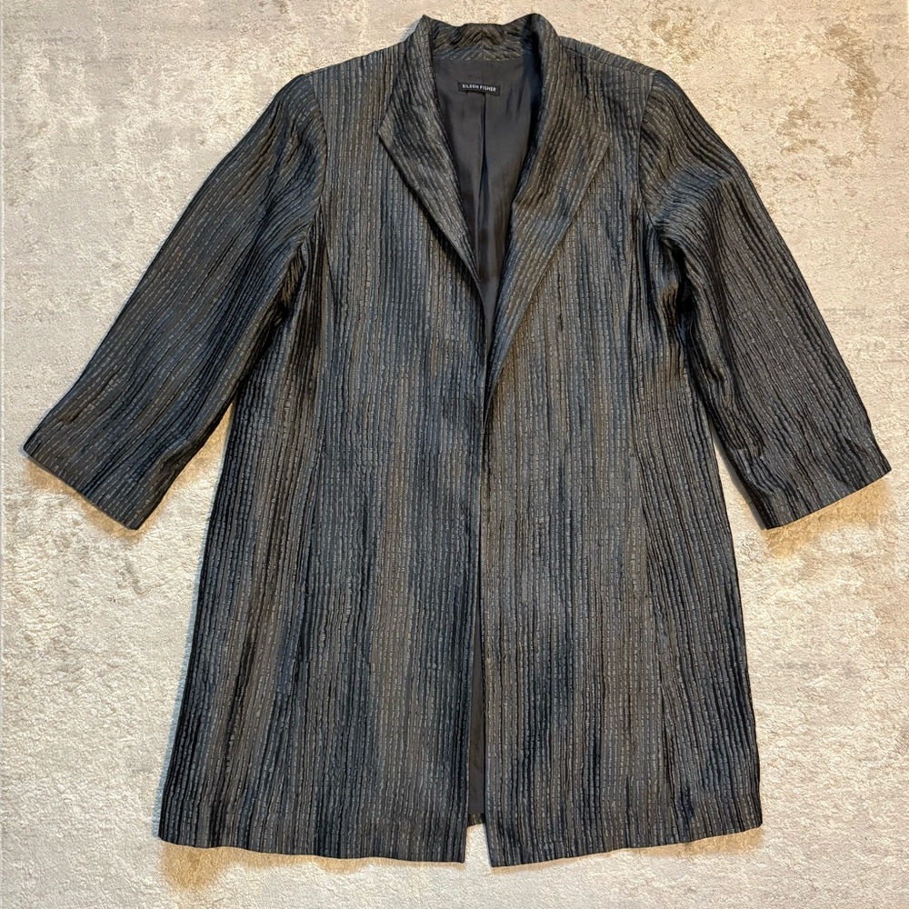 Eileen Fisher Metallic Grey Textured Silk Open Front 3/4 Jacket Size MEDIUM - Picture 7 of 16